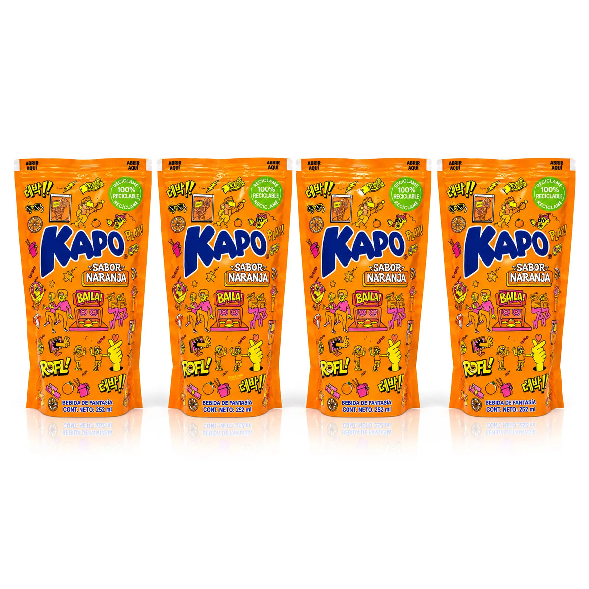 Kapo Sabor Naranja 4-pack – four 252 mL orange flavored drink pouches from Chile on a white background.
