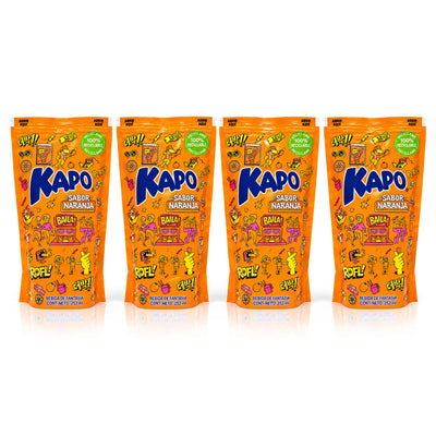 Kapo Sabor Naranja 4-pack – four 252 mL orange flavored drink pouches from Chile on a white background.