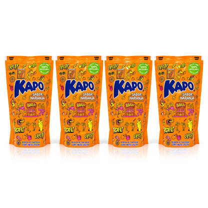 Kapo Sabor Naranja 4-pack – four 252 mL orange flavored drink pouches from Chile on a white background.