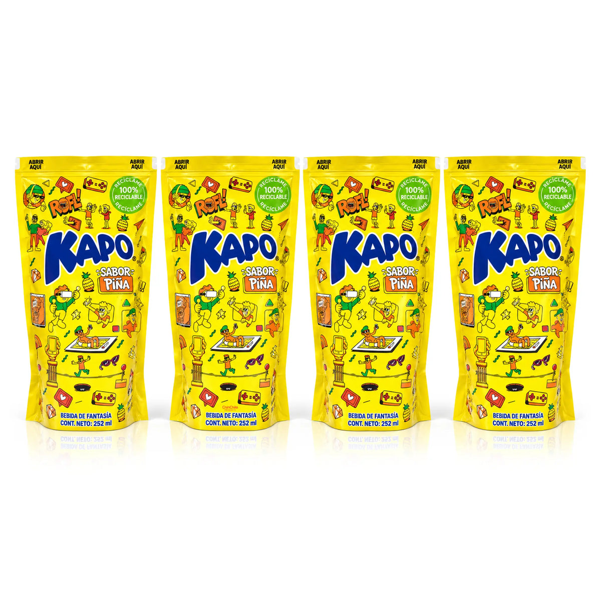 Kapo Sabor Piña 4-pack – four 252 mL pineapple flavored drink pouches from Chile on a white background.