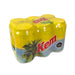 A 6-pack of kem soda wrapped in a yellow plastic cover. 