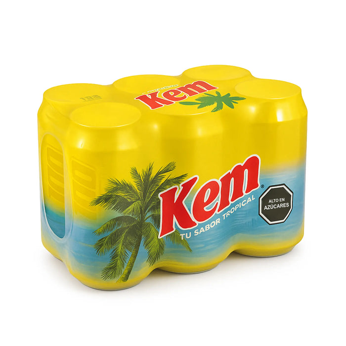 A 6-pack of kem soda wrapped in a yellow plastic cover.