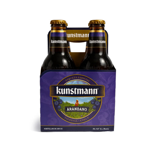 Kunstmann Arandano beer bottles in a purple packaging on a white background