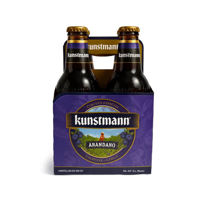 Kunstmann Arandano beer bottles in a purple packaging on a white background