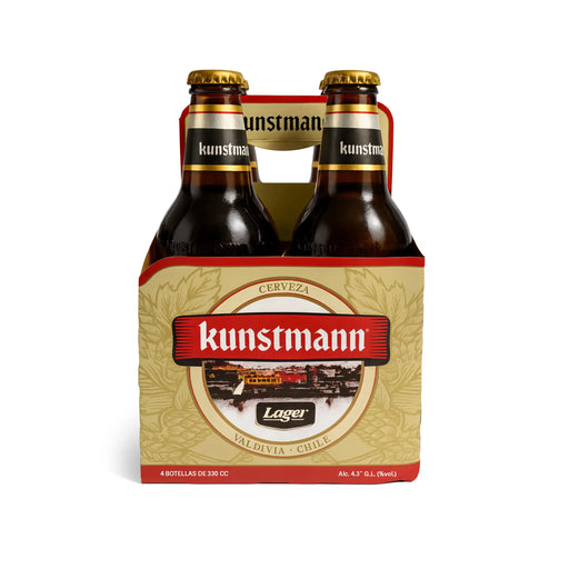 Kunstmann lager beer bottles in a four-pack on a white background