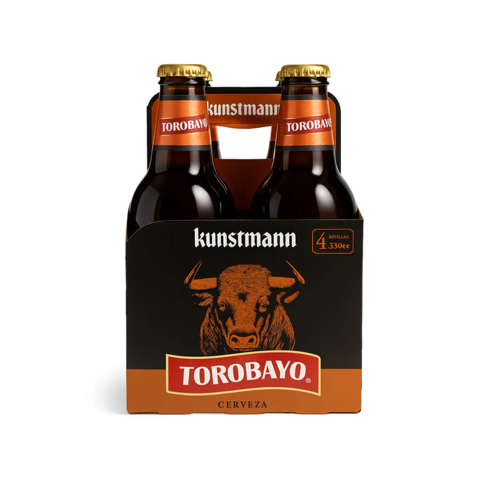 Kunstmann Torobayo beer bottles in a four-pack on a white background
