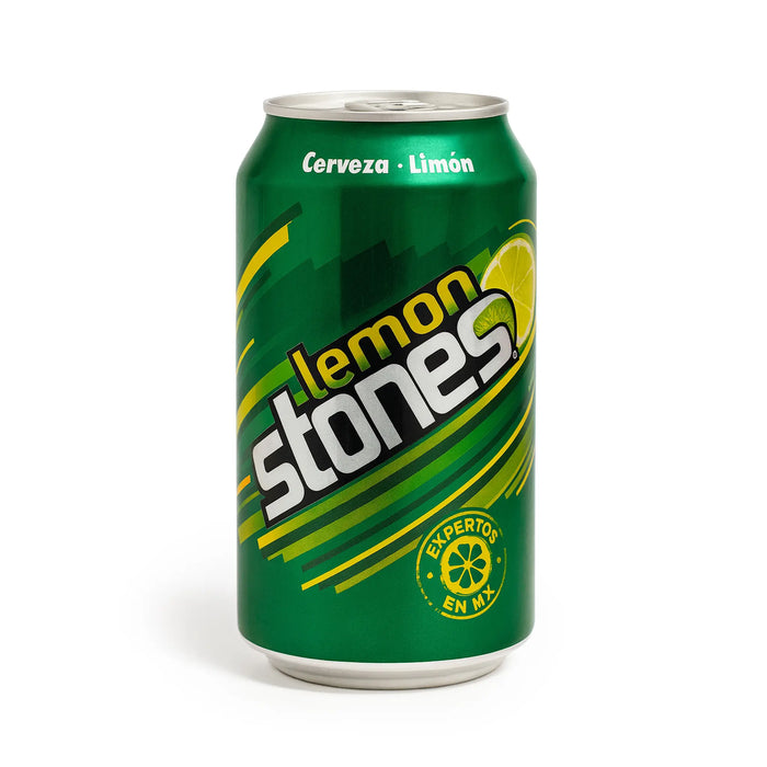 Green can of Lemon Stones beer with lemon graphic on a white background