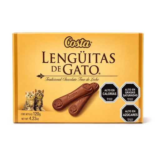 Costa Lengüitas de Gato Chilean milk chocolate 120g box on a white background.