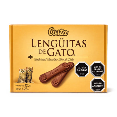 Costa Lengüitas de Gato Chocolate con leche chileno Caja de 120 g sobre fondo blanco.
