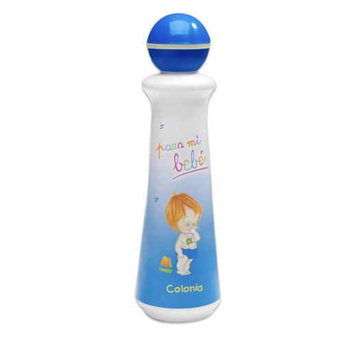 A bottle of Lilo Para Mi Bebé Colonia, a baby fragrance from Chile. The bottle is white with a blue cap that doubles as a rattle and features an illustration of a baby on the front.