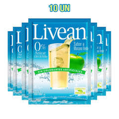 Un paquete de 10 zumos con sabor a manzana Livean en envases individuales azules con un vaso de zumo de manzana en la parte delantera.