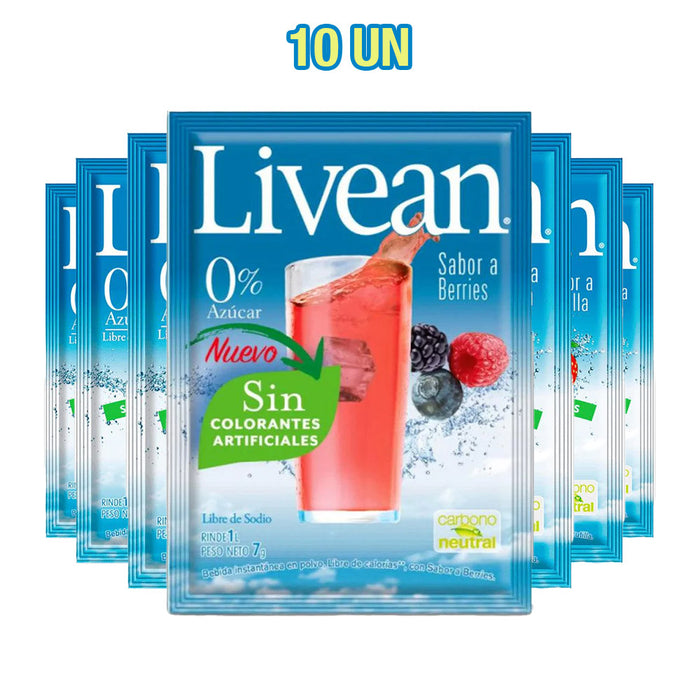 A 10-pack of Livean Berry flavored juice in individual blue packets with a glass of red berry juice on the front.