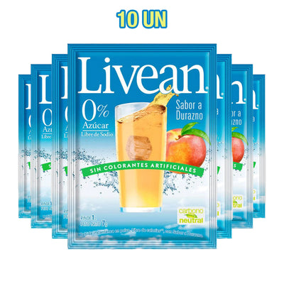 A 10-pack of Livean Peach flavored juice in individual blue packets with a glass of peach juice on the front.