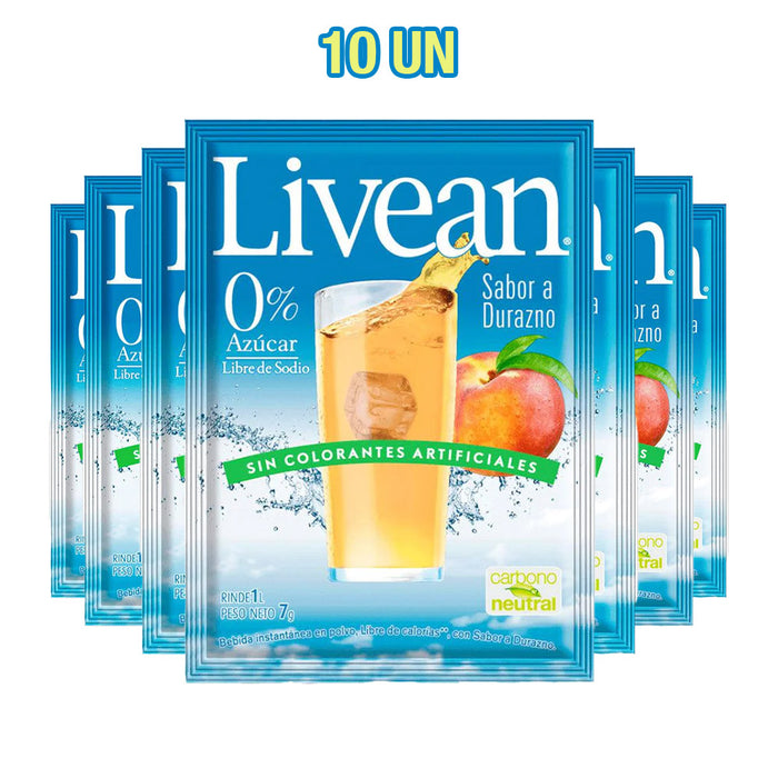 A 10-pack of Livean Peach flavored juice in individual blue packets with a glass of peach juice on the front.