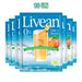 A 10-pack of Livean Peach flavored juice in individual blue packets with a glass of peach juice on the front.