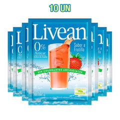 Un paquete de 10 zumos Livean con sabor a fresa en envases individuales azules con un vaso de zumo de fresa roja en la parte delantera.