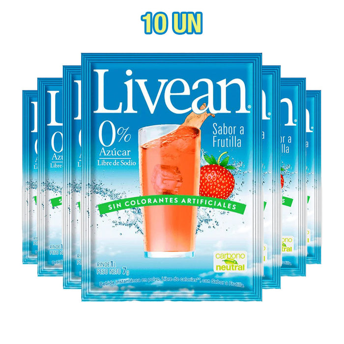 A 10-pack of Livean Strawberry flavored juice in individual blue packets with a glass of red strawberry juice on the front.