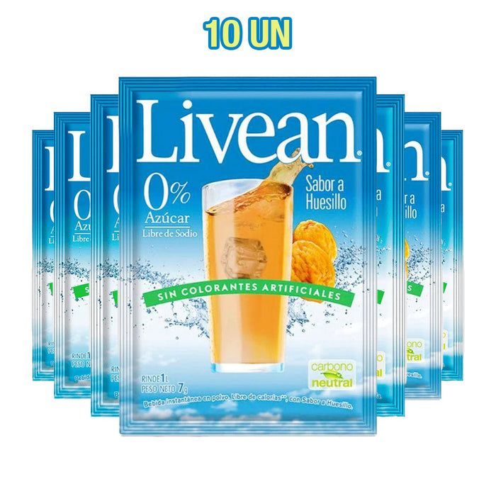 A 10-pack of Livean Huesillo flavored juice in individual blue packets with a glass of orange huesillo juice on the front.