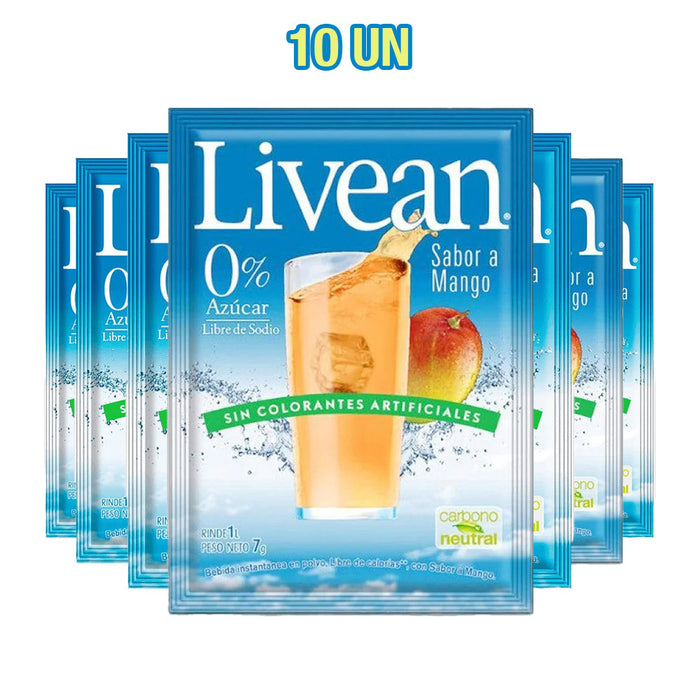 A 10-pack of Livean Mango flavored juice in individual blue packets with a glass of orange mango juice on the front.