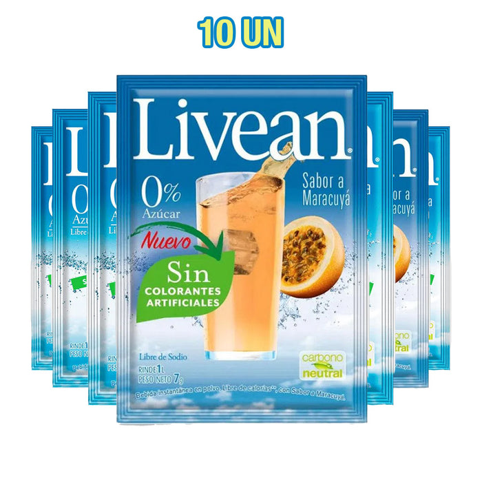 A 10-pack of Livean Passion Fruit flavored juice in individual blue packets with a glass of passion fruit juice on the front.