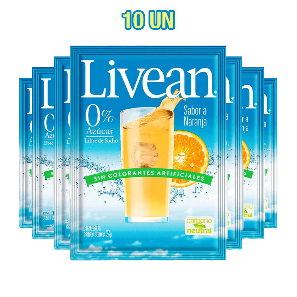 Un paquete de 10 zumos con sabor a naranja Livean en sobres individuales azules con un vaso de zumo de naranja en la parte delantera.