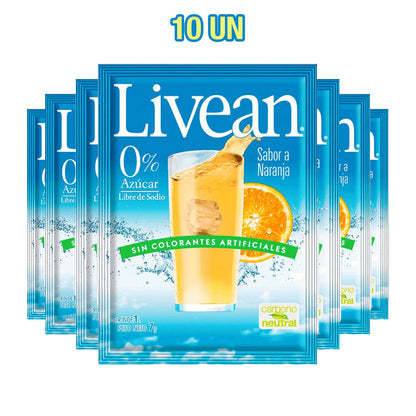 Un paquete de 10 zumos con sabor a naranja Livean en sobres individuales azules con un vaso de zumo de naranja en la parte delantera.