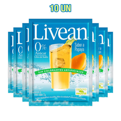 Un paquete de 10 zumos Livean con sabor a papaya en envases individuales de color azul con un vaso de zumo de color naranja en la parte delantera.
