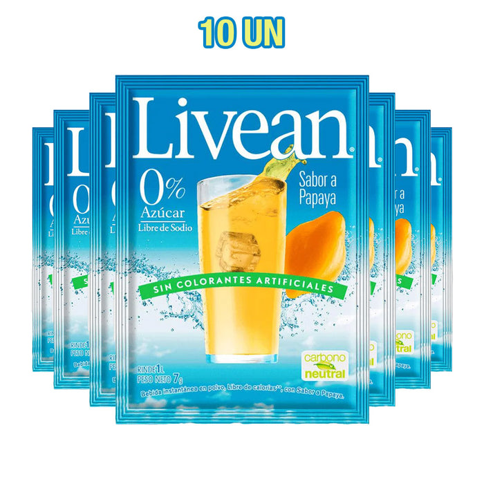 A 10-pack of Livean Papaya flavored juice in individual blue packets with a glass of orange colored juice on the front.