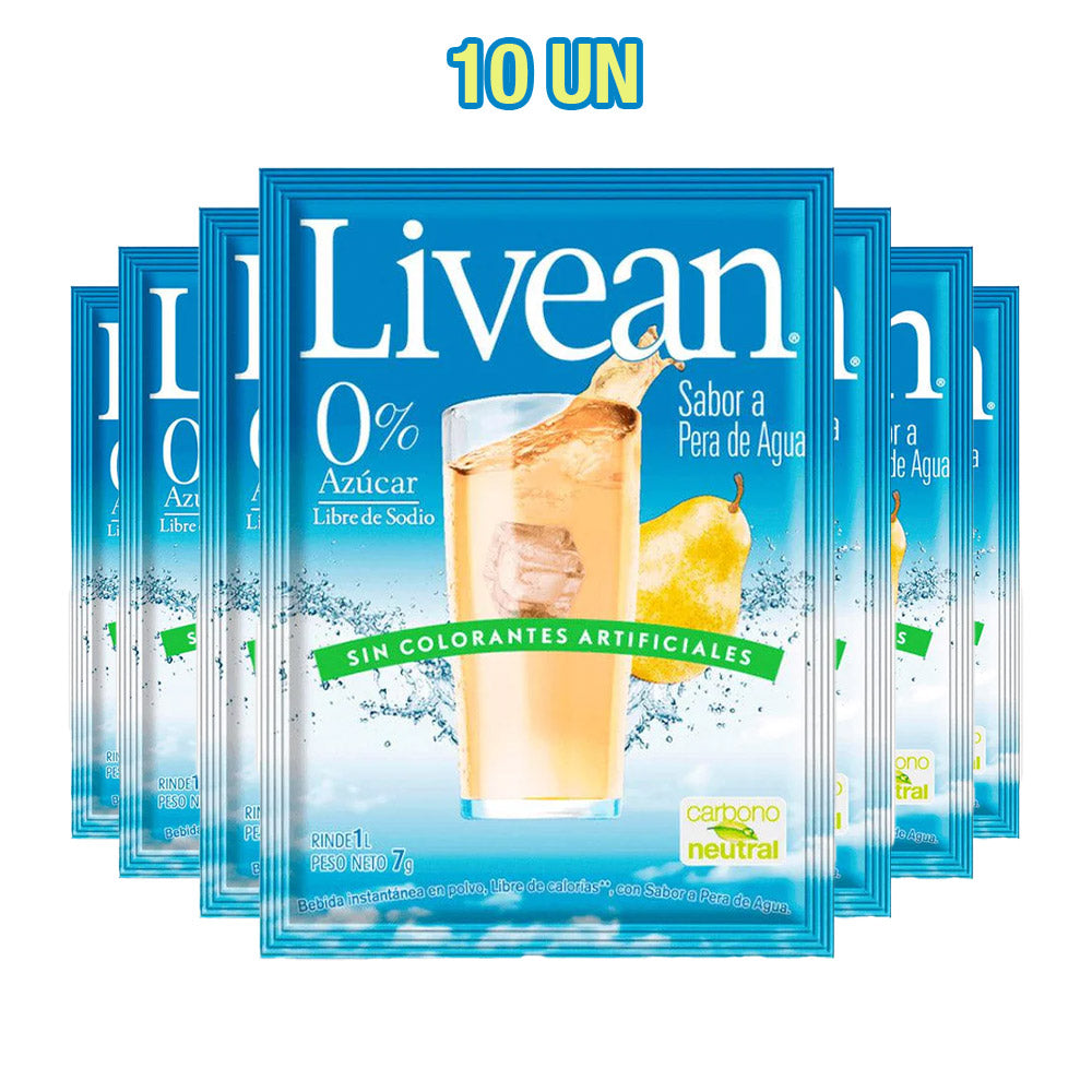 Un paquete de 10 zumos de pera y manzana Livean en envases individuales azules con un vaso de pera en la parte delantera.