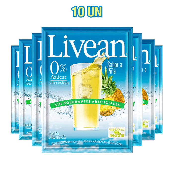 A 10-pack of Livean Pineapple flavored juice in individual blue packets with a glass of yellow pineapple juice on the front.