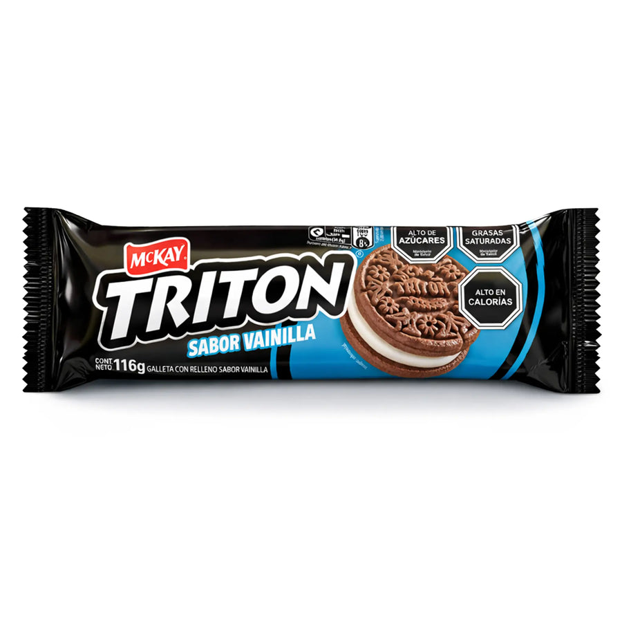 Envase de galletas con sabor a vainilla Mckay Triton sobre fondo blanco.