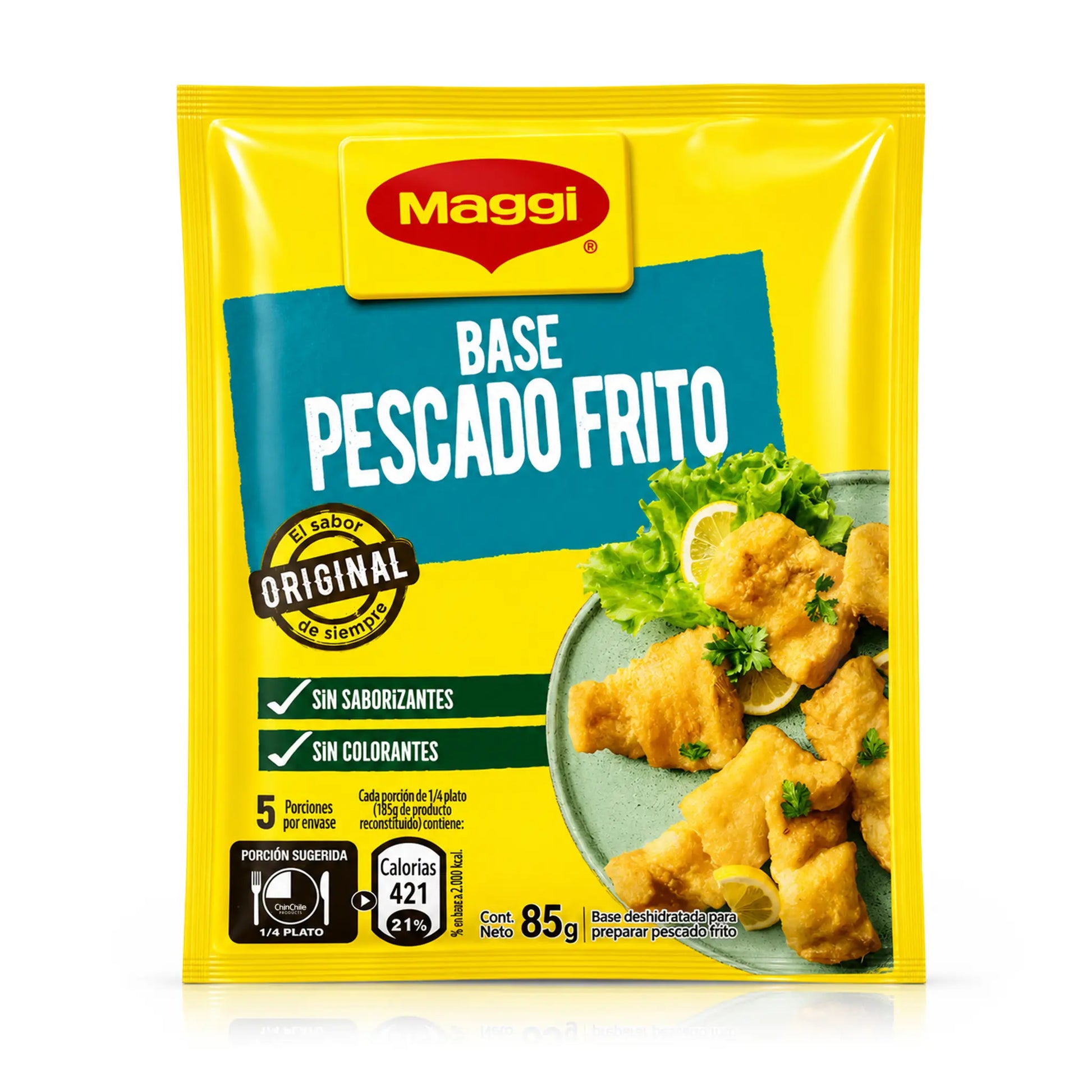 Un paquete de la mezcla de condimentos «Maggi Base Pescado Frito», que presenta una bolsa de color amarillo brillante con una etiqueta azul, el logotipo rojo de Maggi y una foto de pescado frito en un plato.