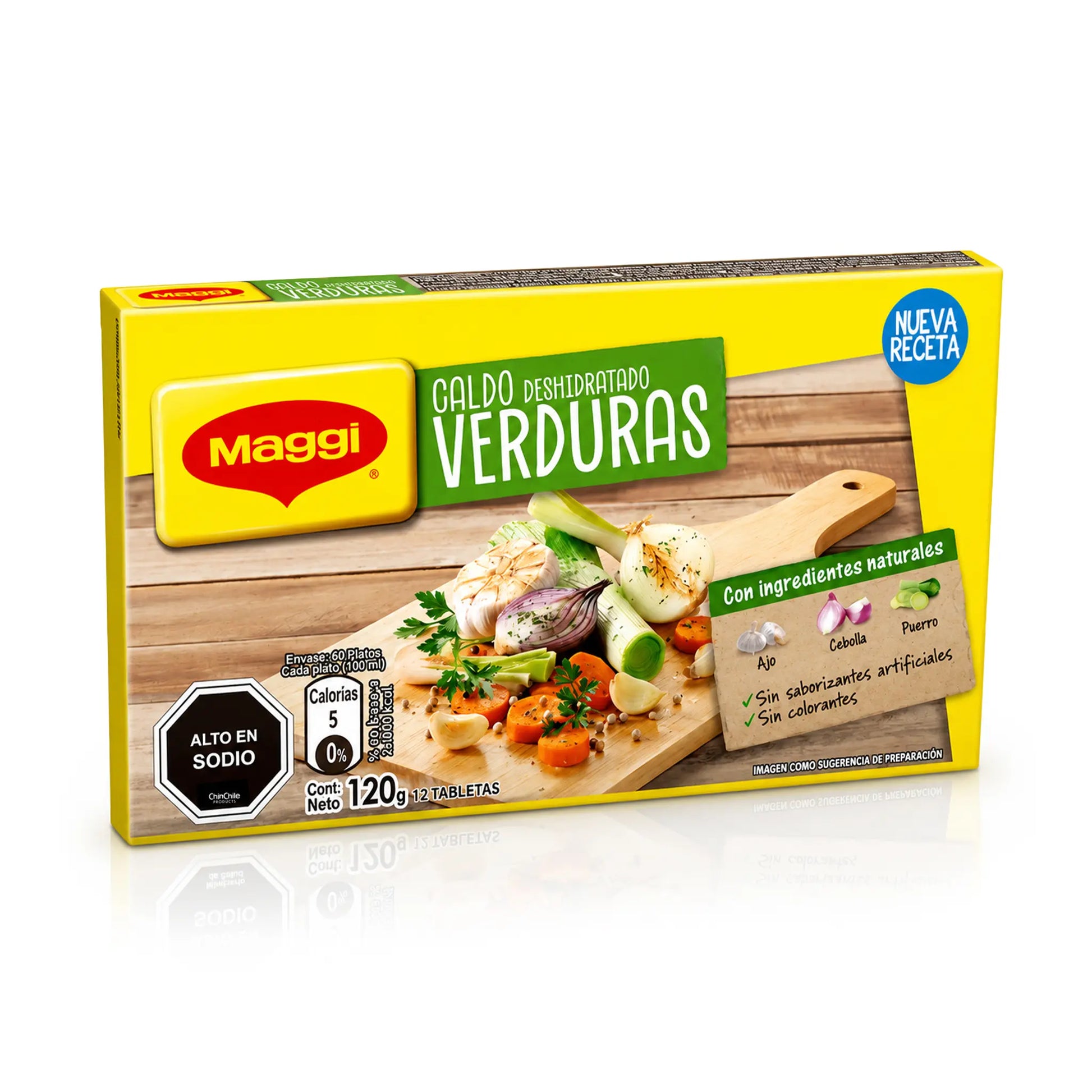 Una caja de pastillas de verduras condimentadas «Maggi Deshidratado Verduras», con un envase de color amarillo brillante, una etiqueta verde y blanca, una foto de verduras cocinadas sobre una tabla de cortar y texto en español.