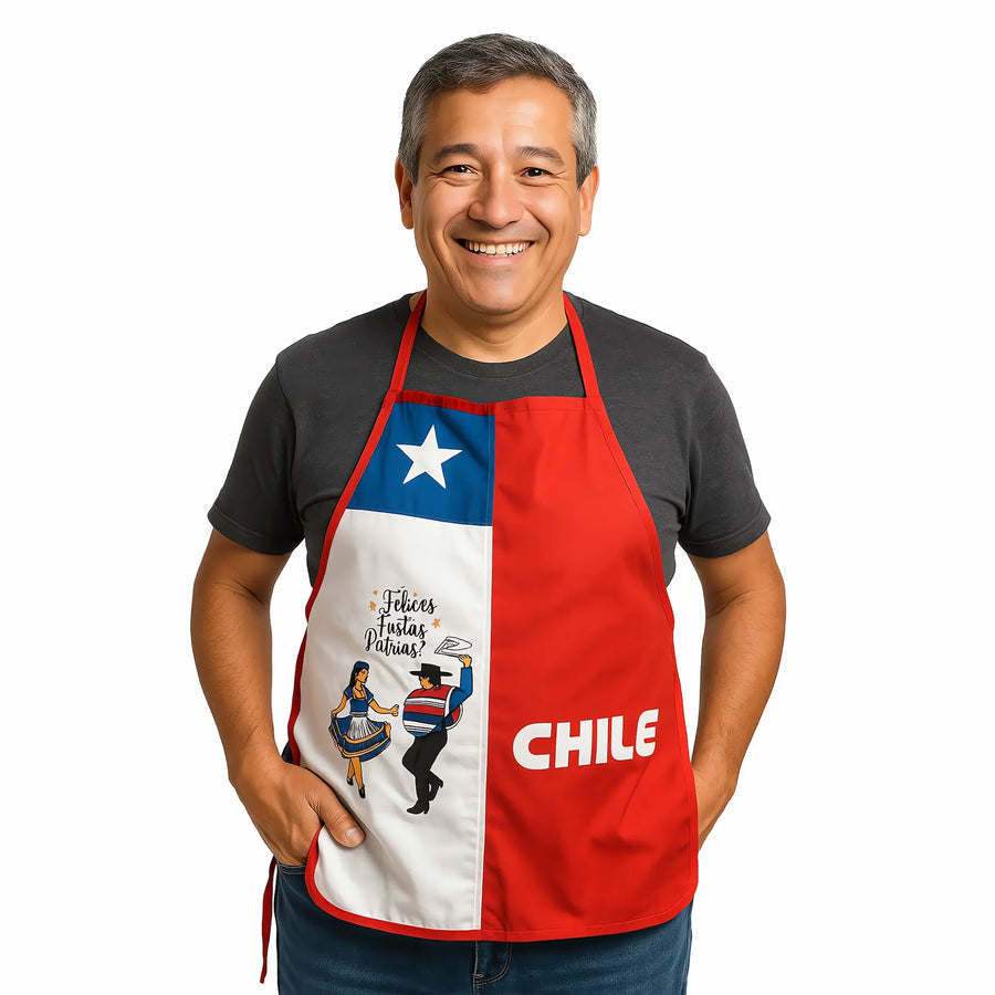 Man wearing Fiestas Patrias apron with Chilean flag and cueca dance design.