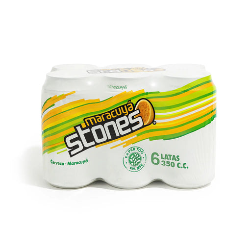 Pack of Maracuyó Stones soda with colorful packaging on a white background