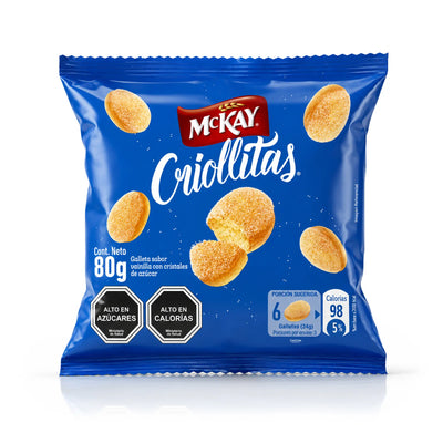 Una bolsa de 80 g de «McKay Criollitas», en la que aparecen unas galletas horneadas de color marrón dorado sobre un fondo azul intenso con el logotipo rojo y blanco de McKay.