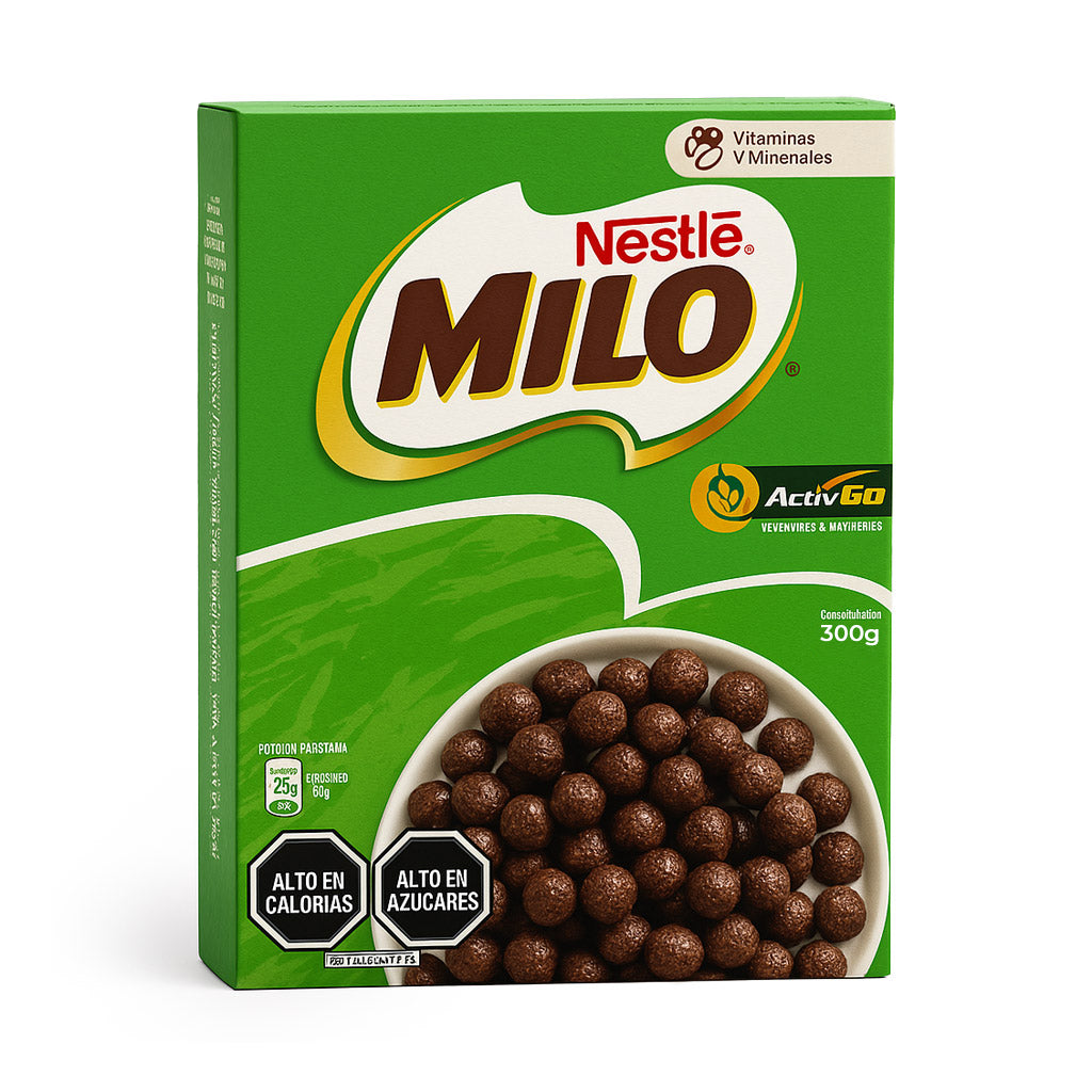Una gran caja verde de cereales de chocolate Milo importados de Chile.
