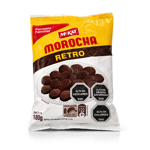 Packaging of McKay Morocha Retro chocolate cookies with yellow and brown design.