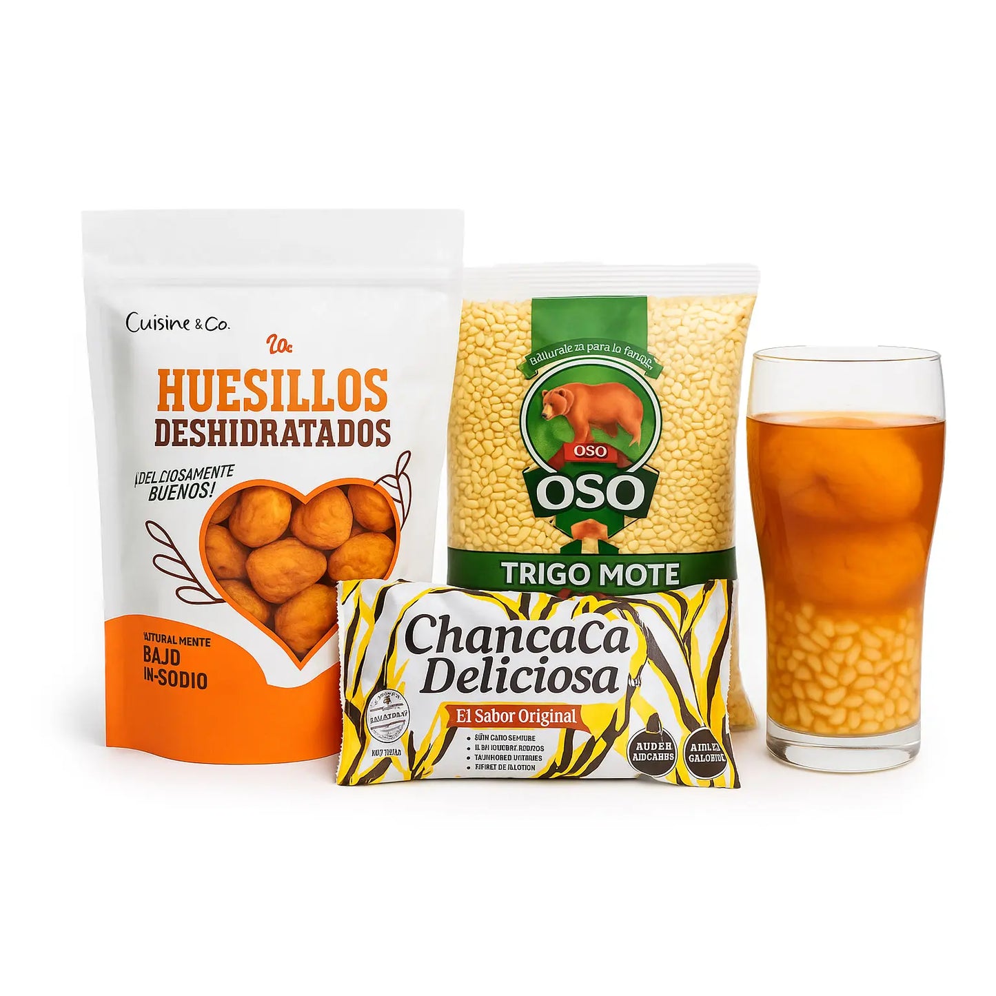 A bundle of Trigo Mote, Huesillos, and Chancaca next to a glass of Mote con Huesillo.