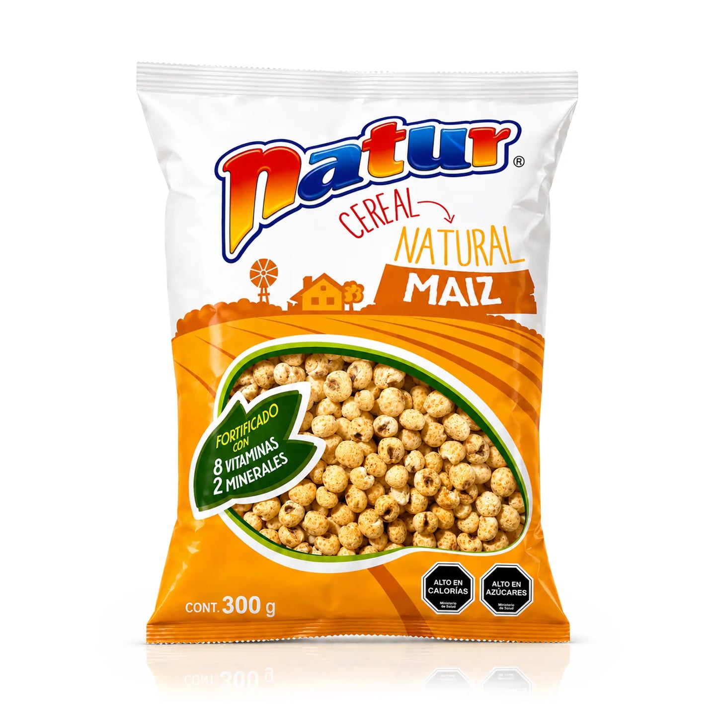 Paquete de cereales Natur de maíz natural sobre fondo blanco