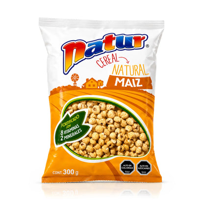 Paquete de cereales Natur de maíz natural sobre fondo blanco