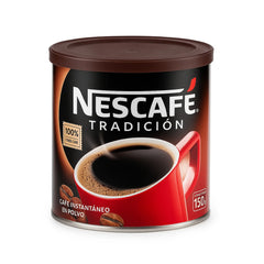 Lata redonda de café con tapa marrón y dibujo de una taza roja de café en la parte delantera.