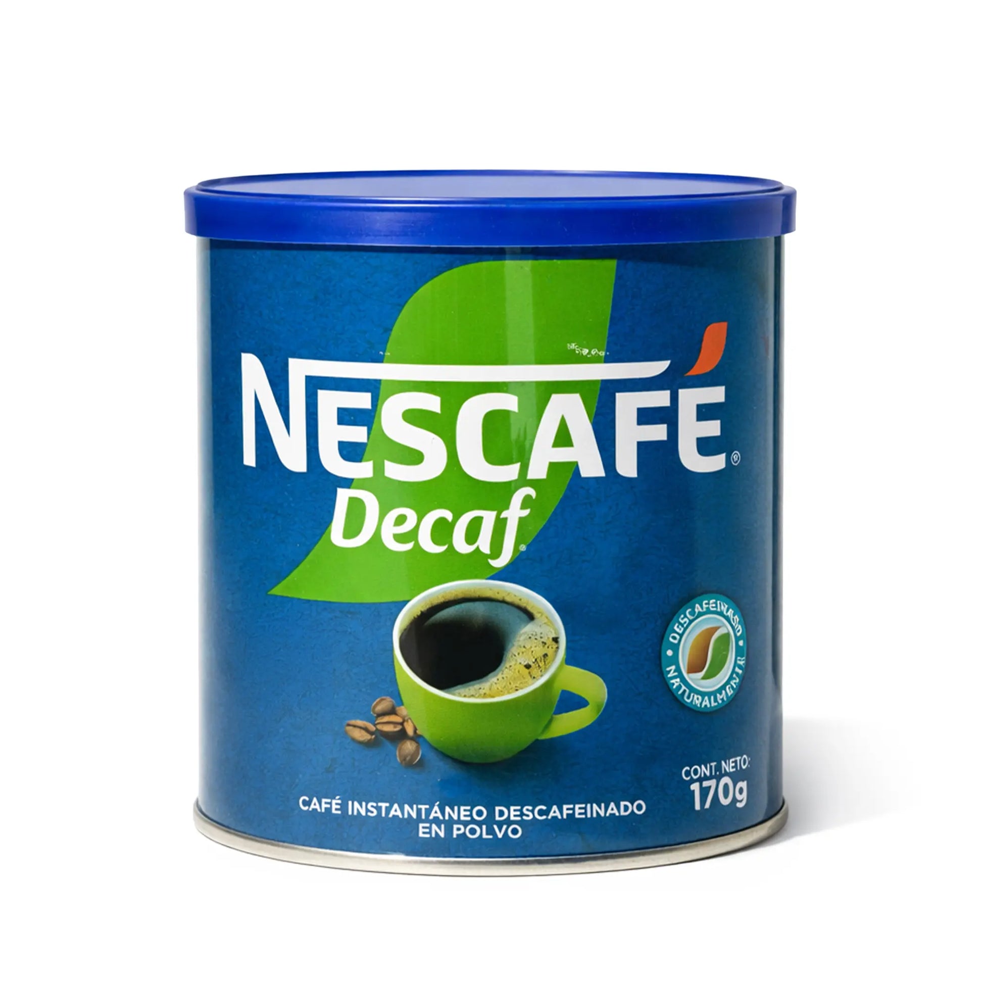 Lata de café Nescafé Descafeinado con tapa azul y detalles en verde sobre fondo blanco.