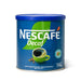 Lata de café Nescafé Descafeinado con tapa azul y detalles en verde sobre fondo blanco.