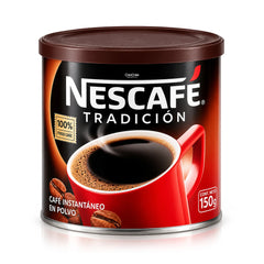 A 150g red and black tin of Nescafe instant coffee from Chile on a white background. 