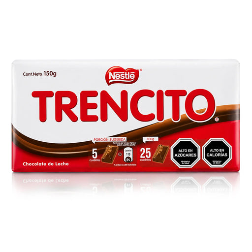 Una tableta de chocolate de 150 gramos envuelta en un envoltorio rojo y blanco.