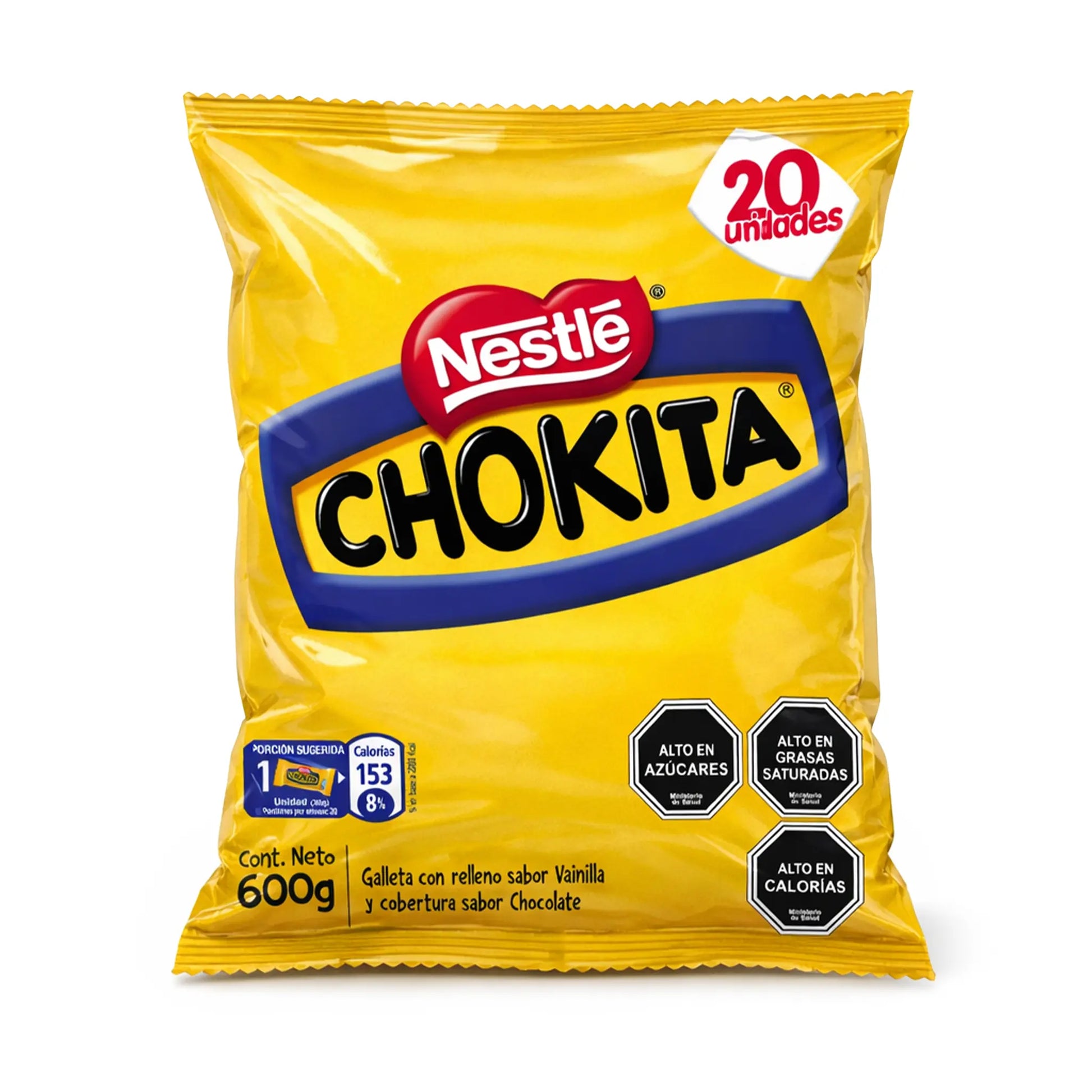 Una bolsa amarilla de 20 unidades de bombones chokita con el logotipo rojo de Nestlé en la parte delantera.