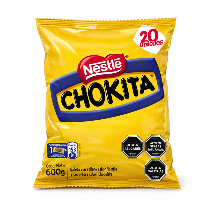 A 20 unit yellow bag of chokita chocolates with a red Nestle logo on the front.