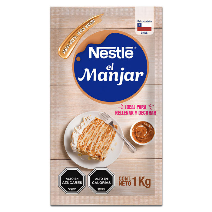 A 1kg tan bag of manjar nestle with a rolled pastry on the front.