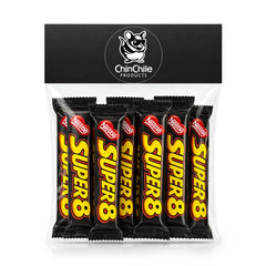 Bolsa de 12 unidades de galletas de chocolate chilenas Super 8 envueltas individualmente en un envase negro con texto amarillo.